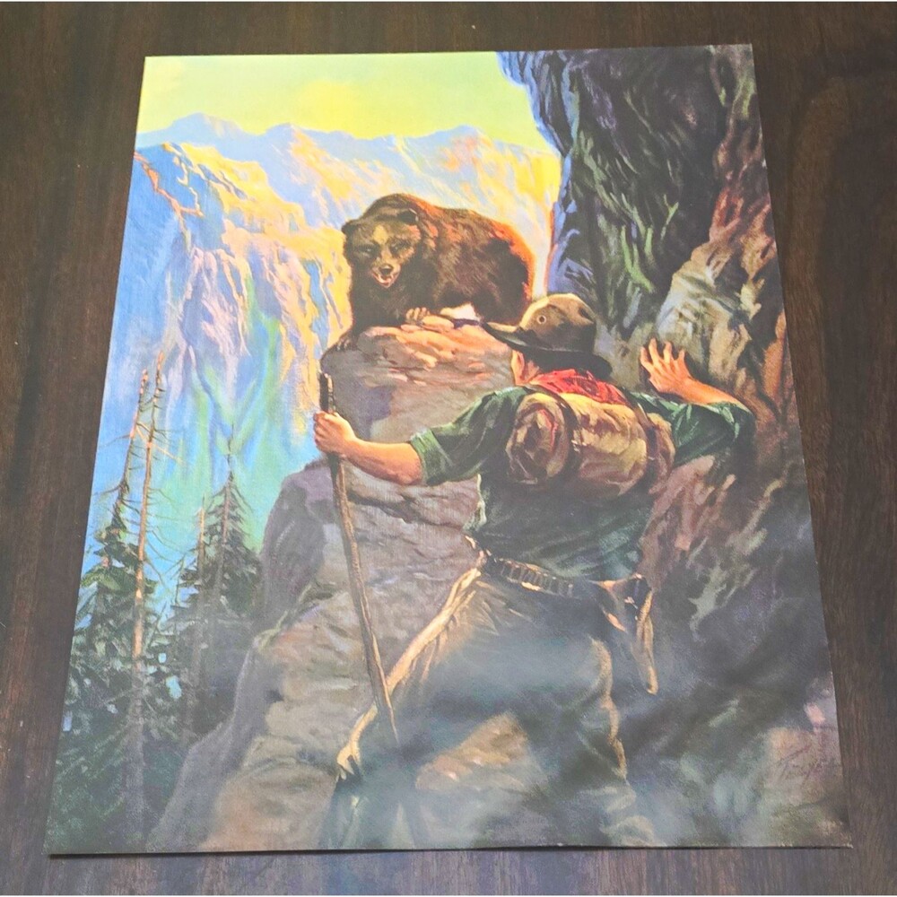 Signed Telyea Bear & Man Mountain Landscape Wildlife Paper Print Unframed 16x12